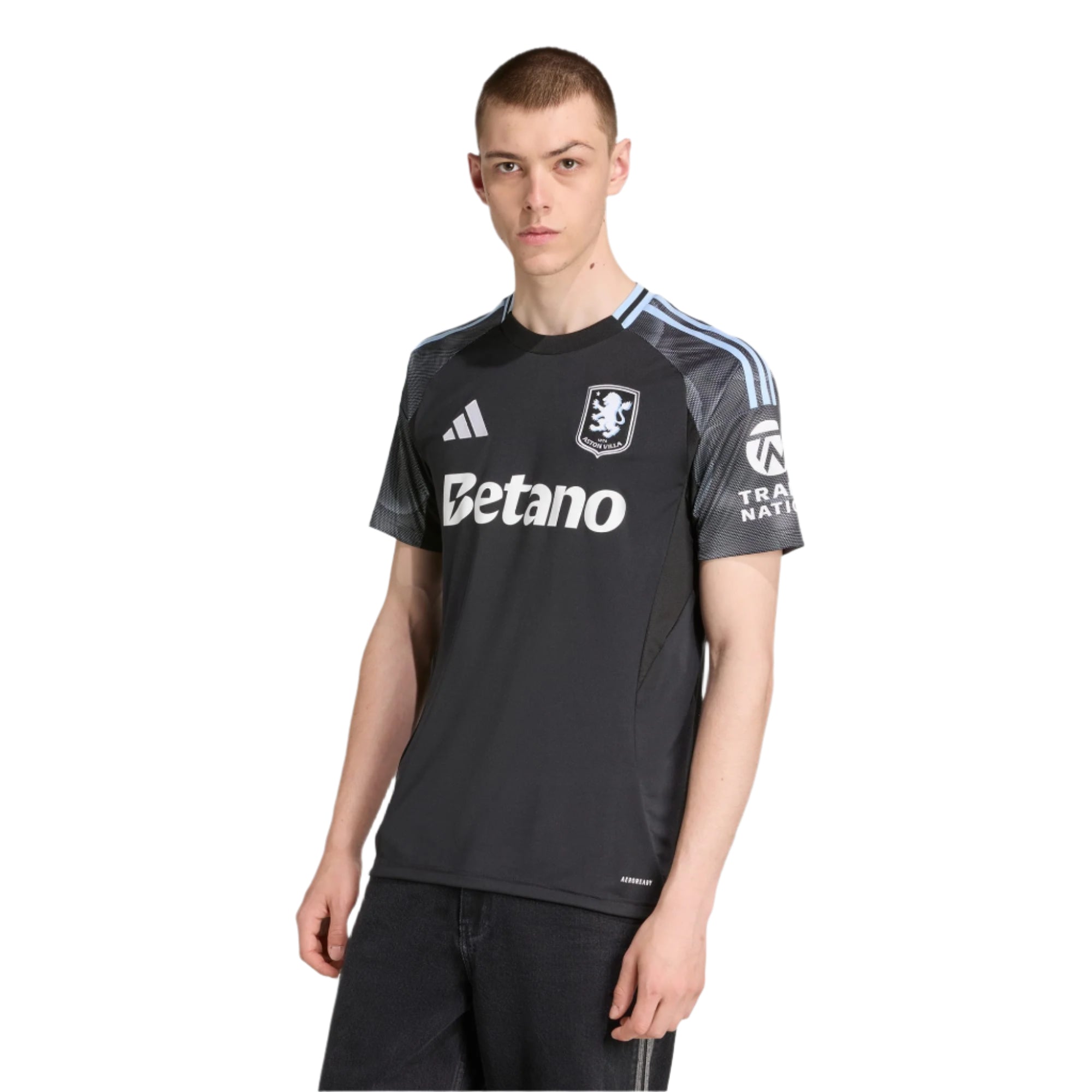 adidas Onana Men's Aston Villa 25/26 Away Jersey w/ EPL + NRFR Patches (Black/Global Blue)