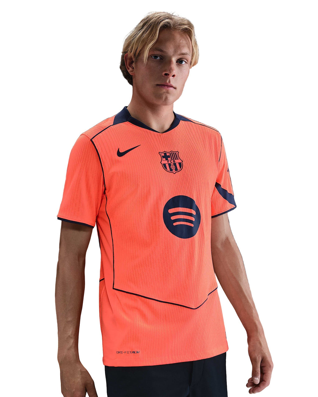 Nike Frenkie De Jong FC Barcelona Third T90 Authentic Jersey 25/26 w/ Champions League Patches (Mango/Navy)