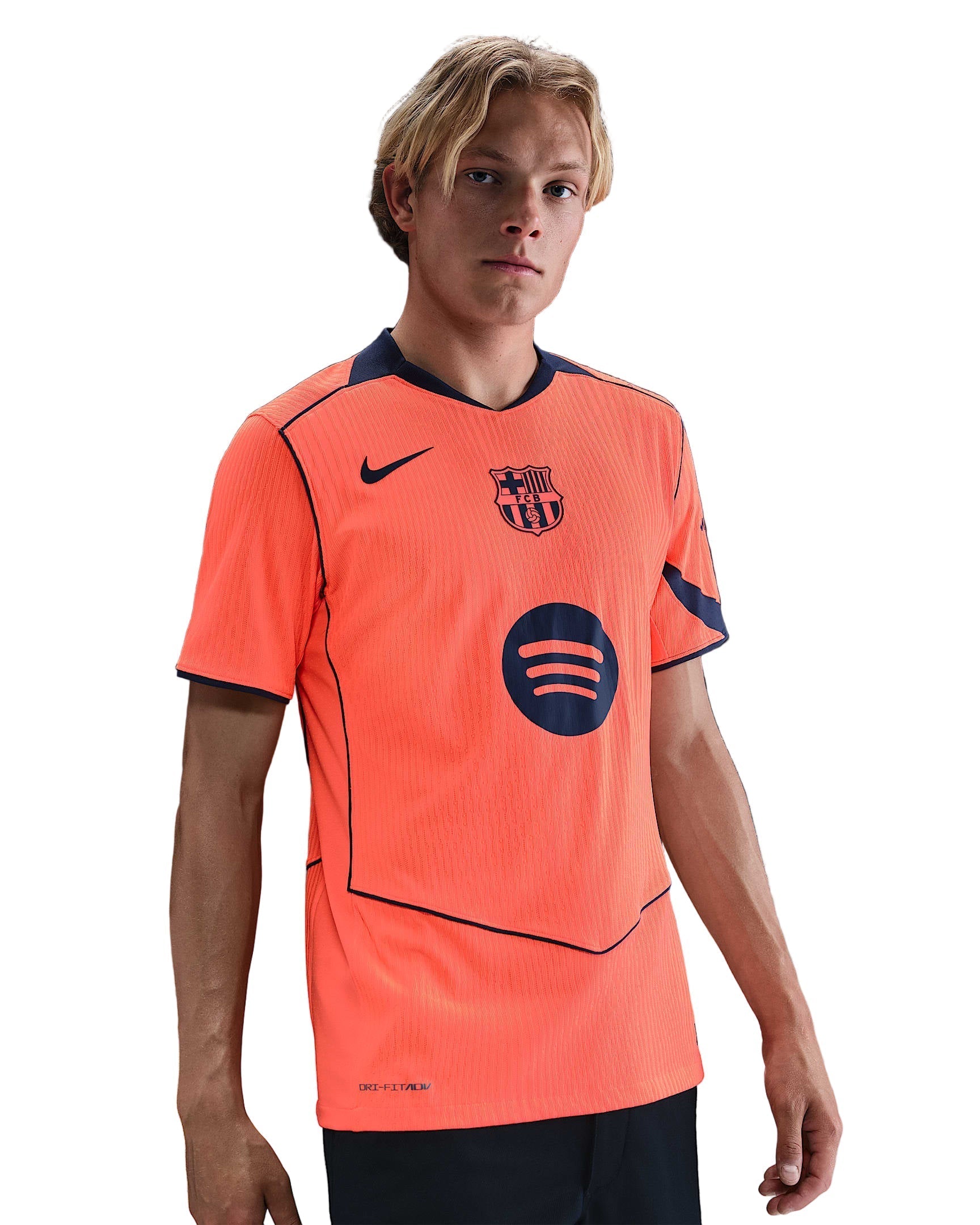 Nike Frenkie De Jong FC Barcelona Third T90 Authentic Jersey 25/26 w/ Champions League Patches (Mango/Navy)