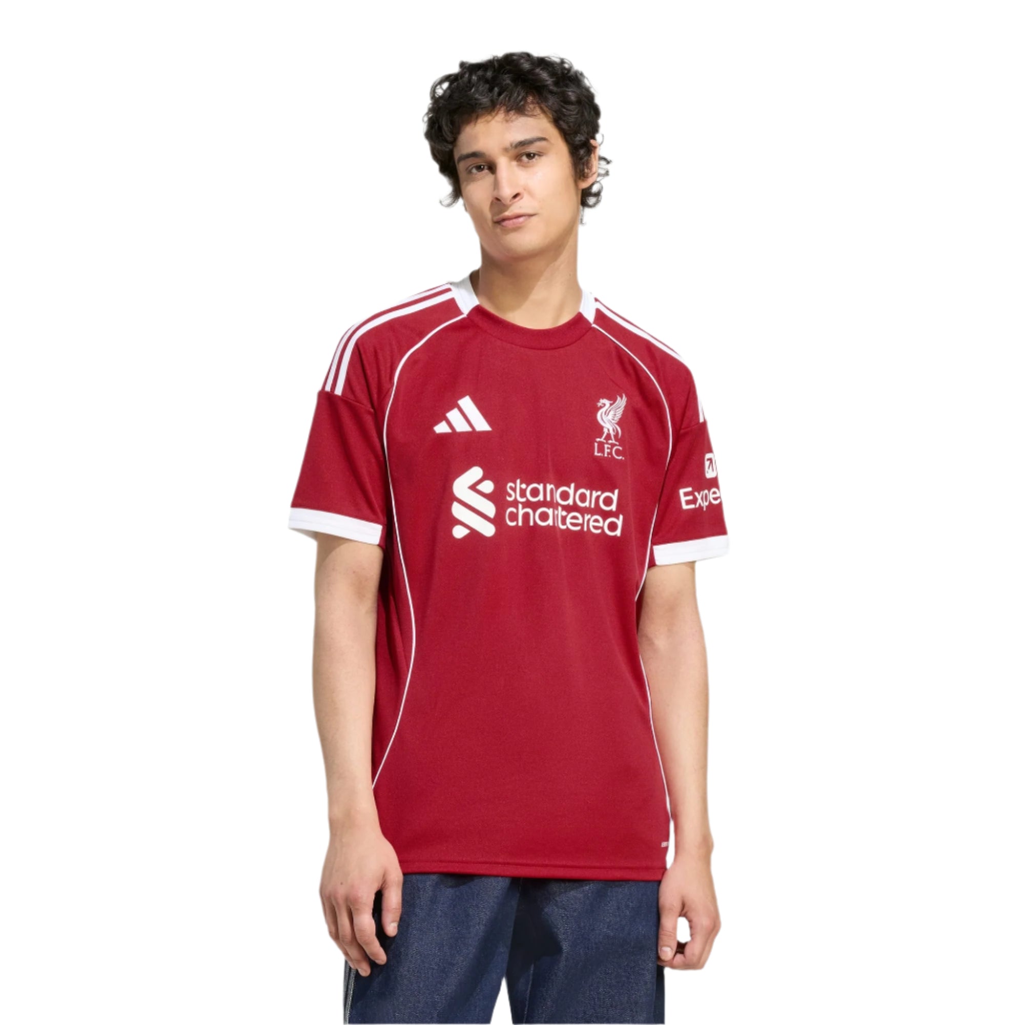 adidas Men's Liverpool Kerkez Home Jersey 25/26 w/ Champions League Patches (Strawberry Red)