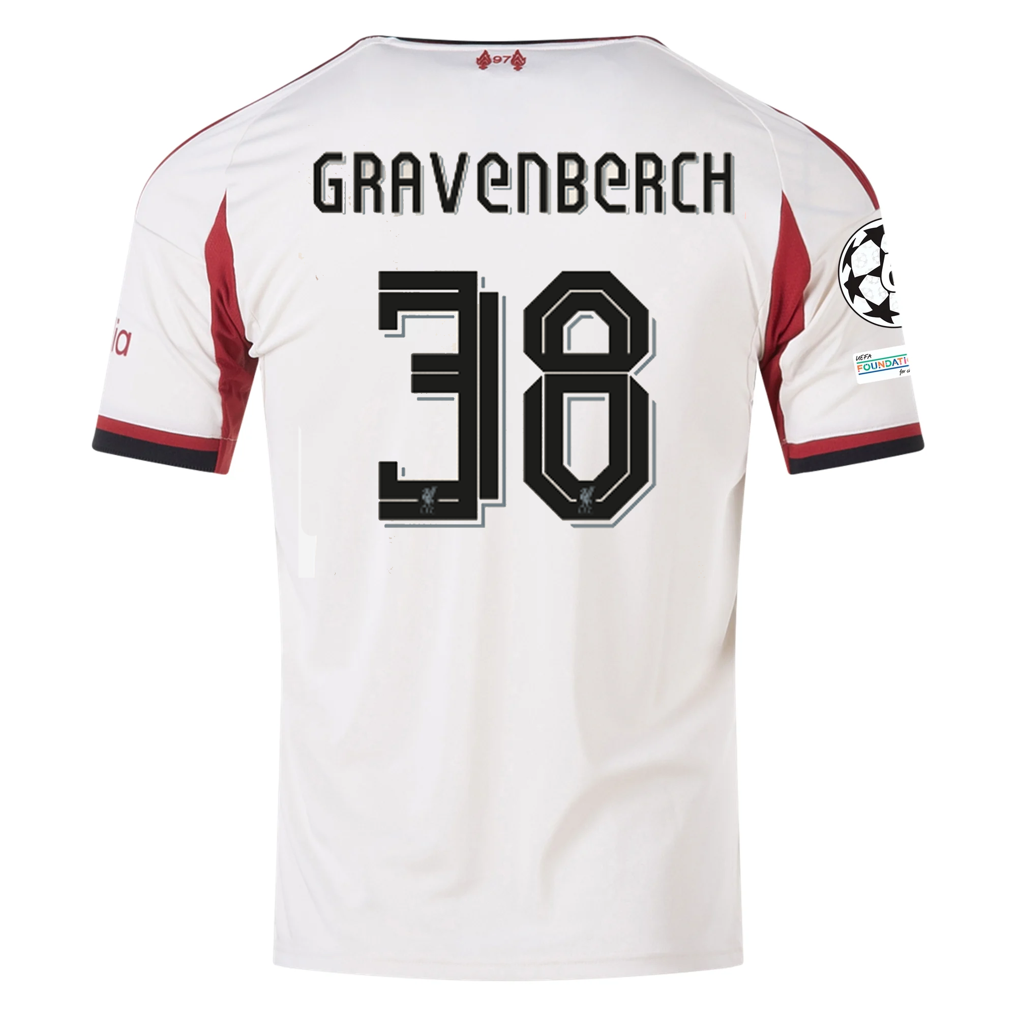 adidas Men's Liverpool Ryan Gravenberch Away Jersey w/ Champions League Patches 25/26 (Wonder White)