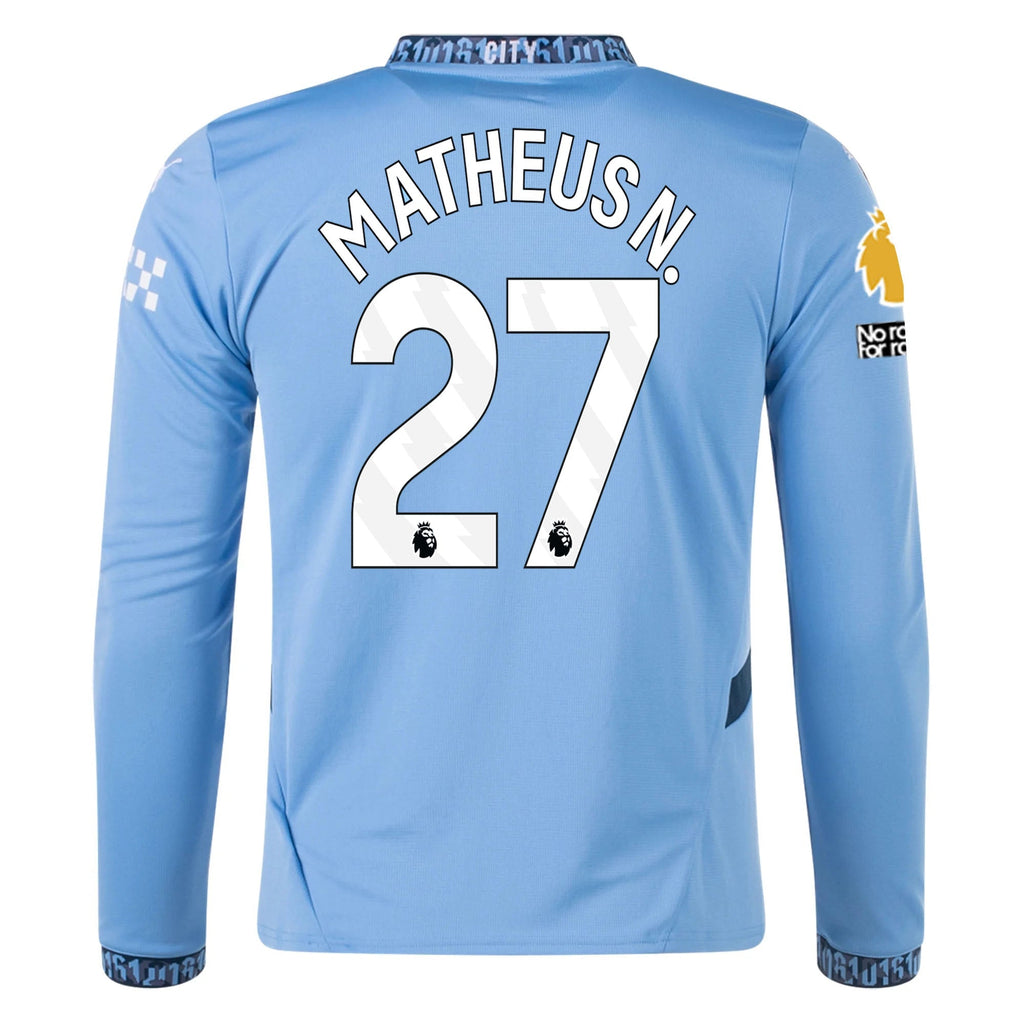 Puma Manchester City Matheus Nunes Home Long Sleeve Jersey w/ EPL + No Room For Racism Patch 24/25 (Team Light/Marine Blue)
