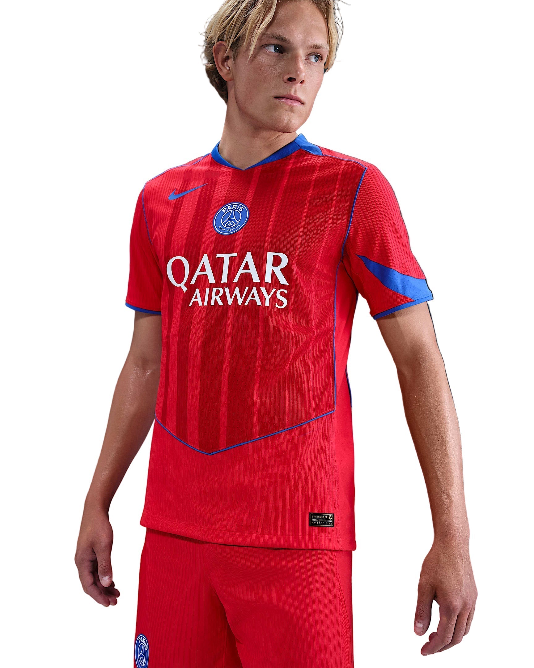 Nike Men's Paris Saint-Germain Authentic Vitinha Third Jersey w/ Champions League Patches 25/26 (Sport Red/Hyper Royal)