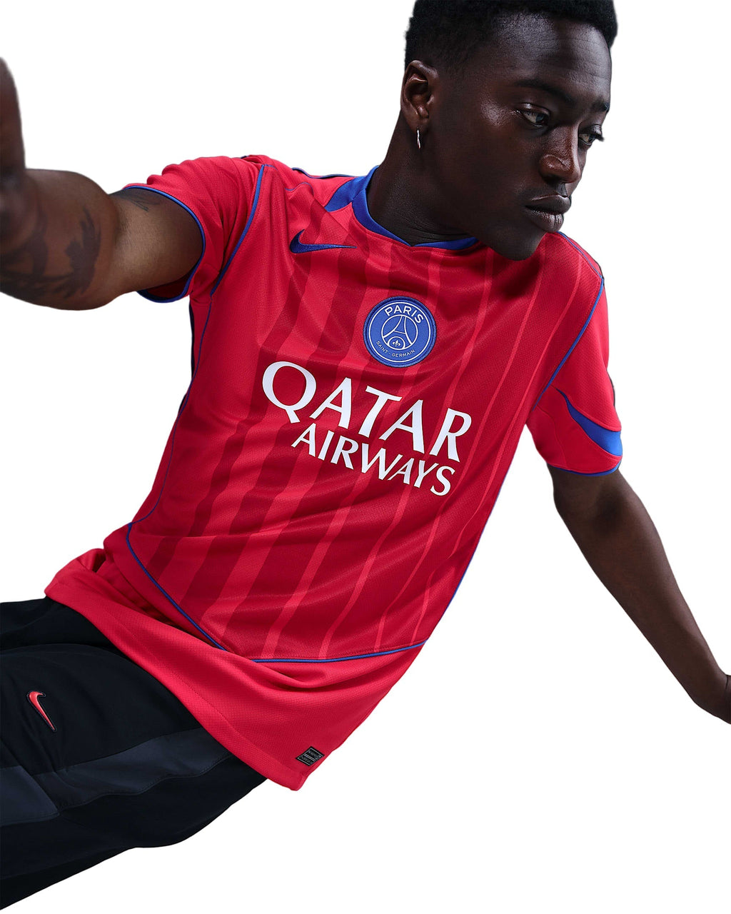 Nike Men's Paris Saint-Germain Désiré Doué T90 Third Jersey w/ Champions League Patches 25/26 (Sport Red/Hyper Royal)