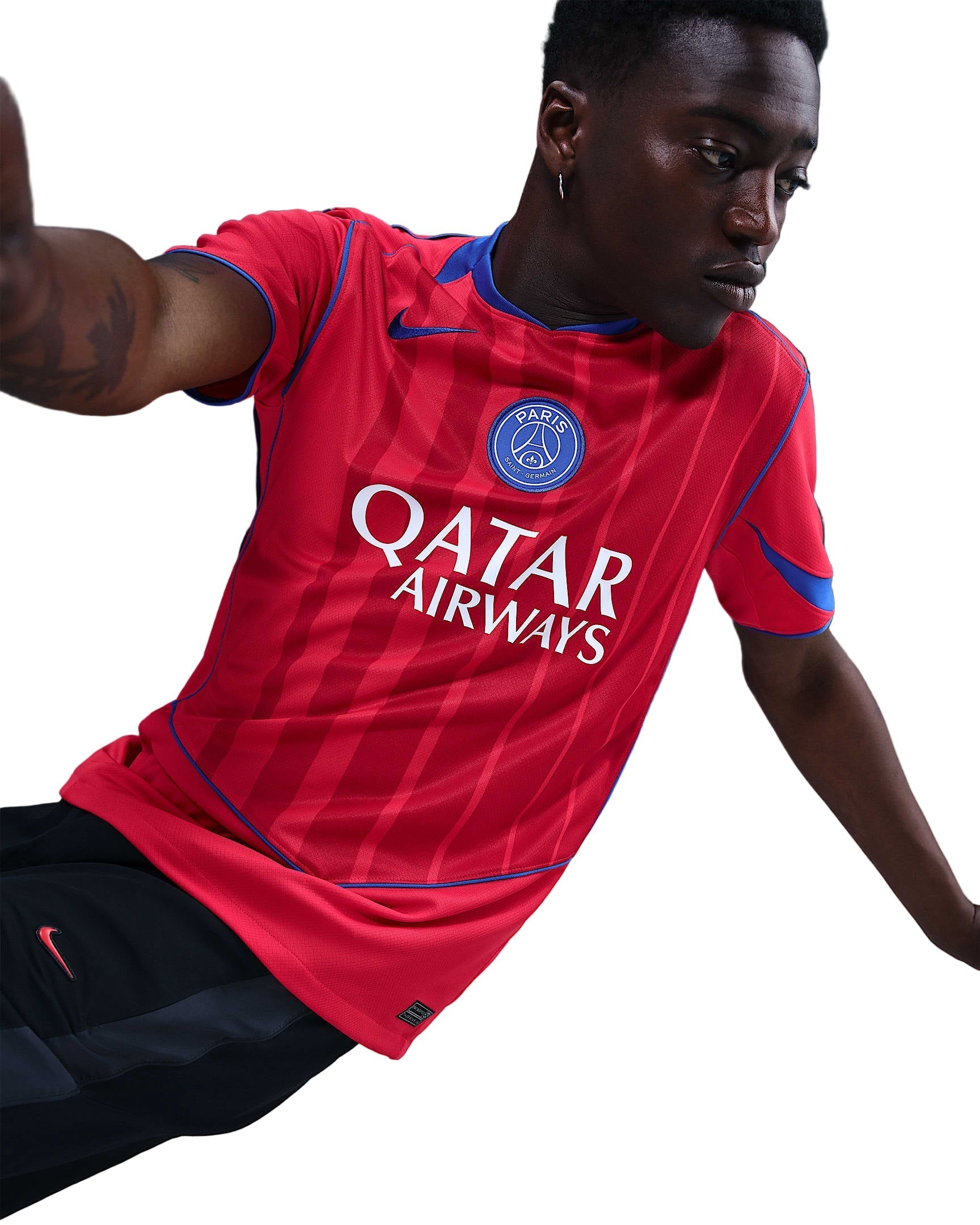 Nike Men's Paris Saint-Germain Désiré Doué T90 Third Jersey w/ Champions League Patches 25/26 (Sport Red/Hyper Royal)