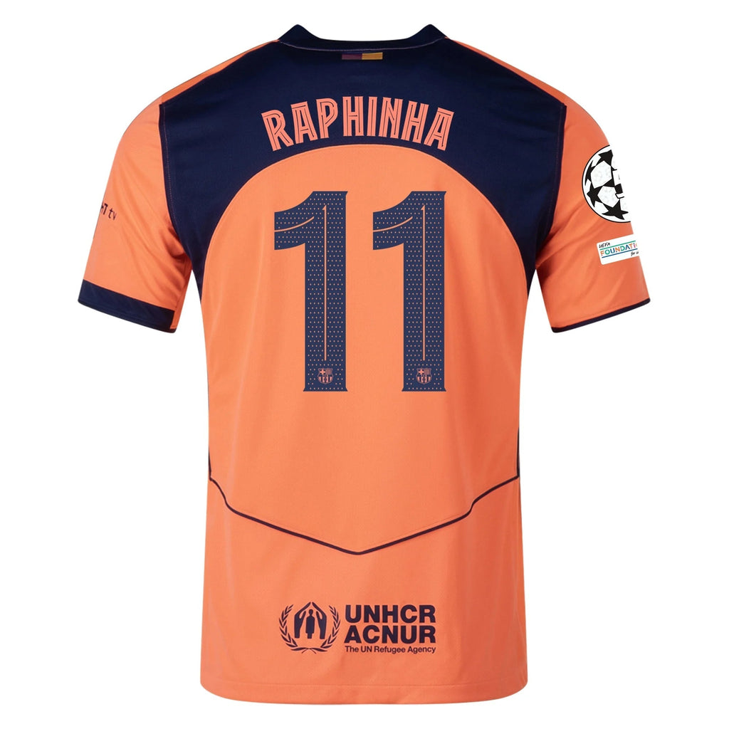 Nike Raphinha Men's FC Barcelona T90 Third Jersey 25/26 w/ Champions League Patches (Mango/Navy)