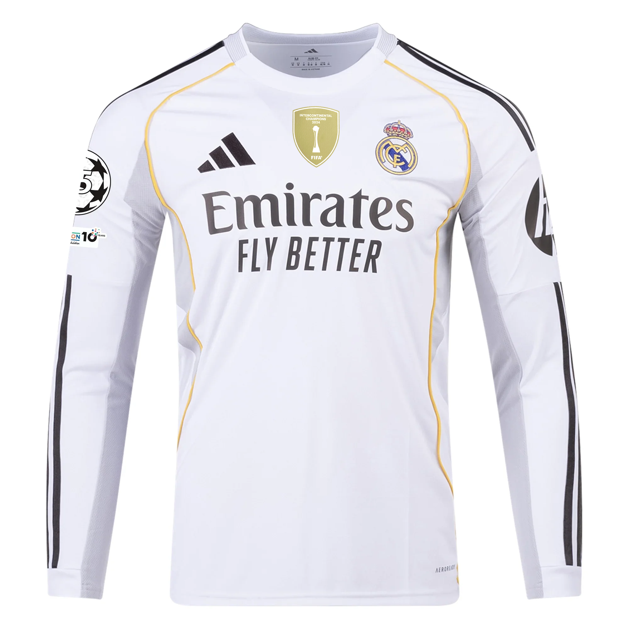 adidas Real Madrid Bellingham Long Sleeve Home Jersey w/ Intercontinental + Champions League Patches 25/26 (White)