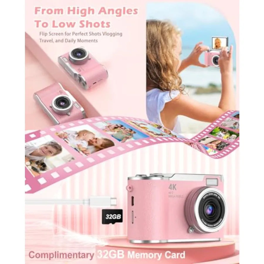 Camera4K Digital Camera for Photography 48MP 1080P HD Video Selfie Camera with 180° Flip Screen Flash with 32GB SD Card for Sta