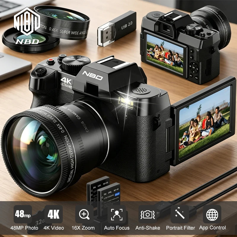 4K&48MP Digital Camera Vlogging Camera NBD S100F WiFi Autofocus Flip Screen Compact Camera 16X Zoom Portable Travel Camera for Beginners YouTube Pink Gift