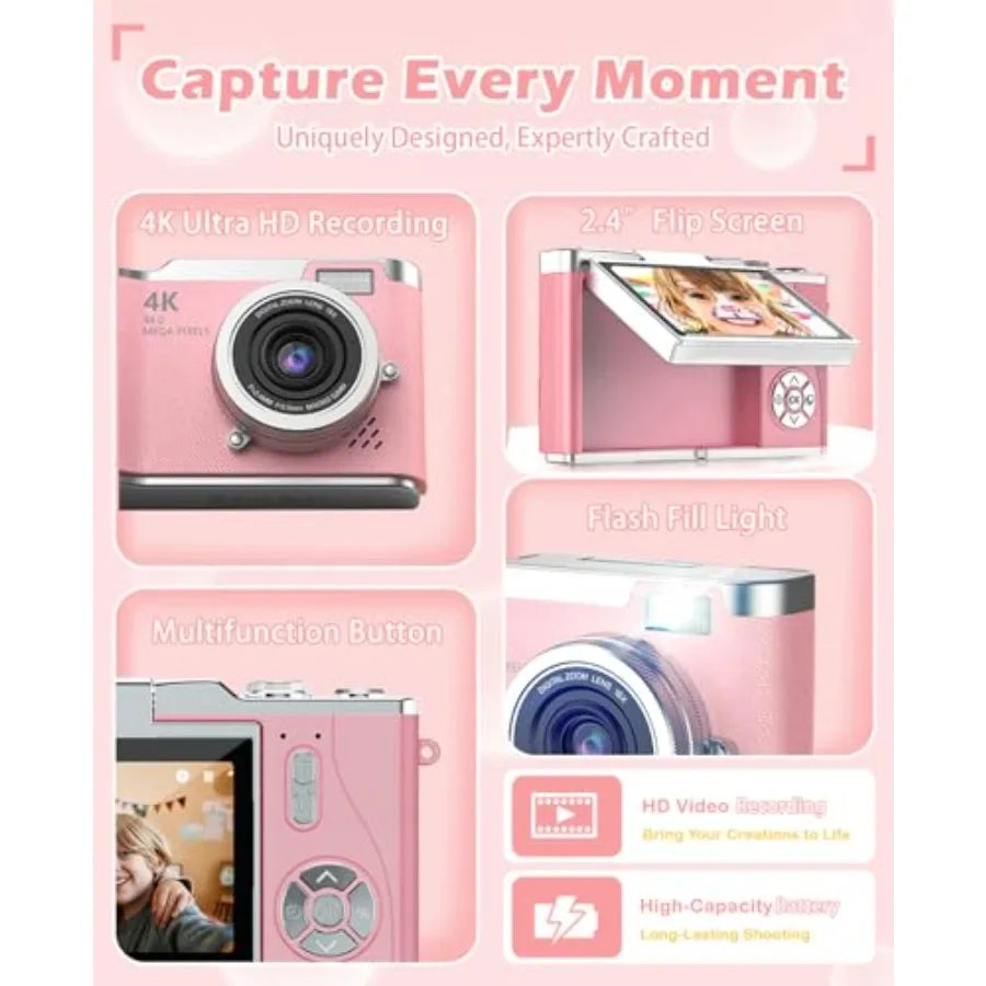 Camera4K Digital Camera for Photography 48MP 1080P HD Video Selfie Camera with 180° Flip Screen Flash with 32GB SD Card for Sta