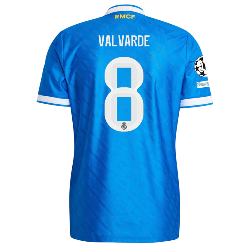 adidas Men's Valvarde Real Madrid 25/26 Authentic Third Jersey w/ Champions League Patches (Blue)