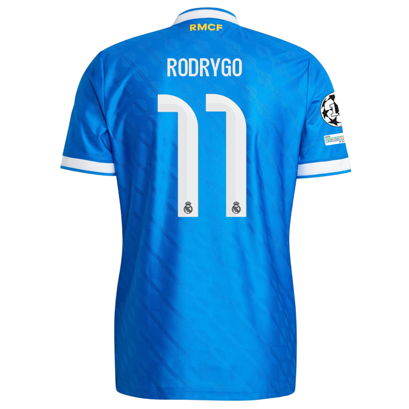 adidas Men's Rodrygo Real Madrid 25/26 Authentic Third Jersey w/ Champions League Patches (Blue)