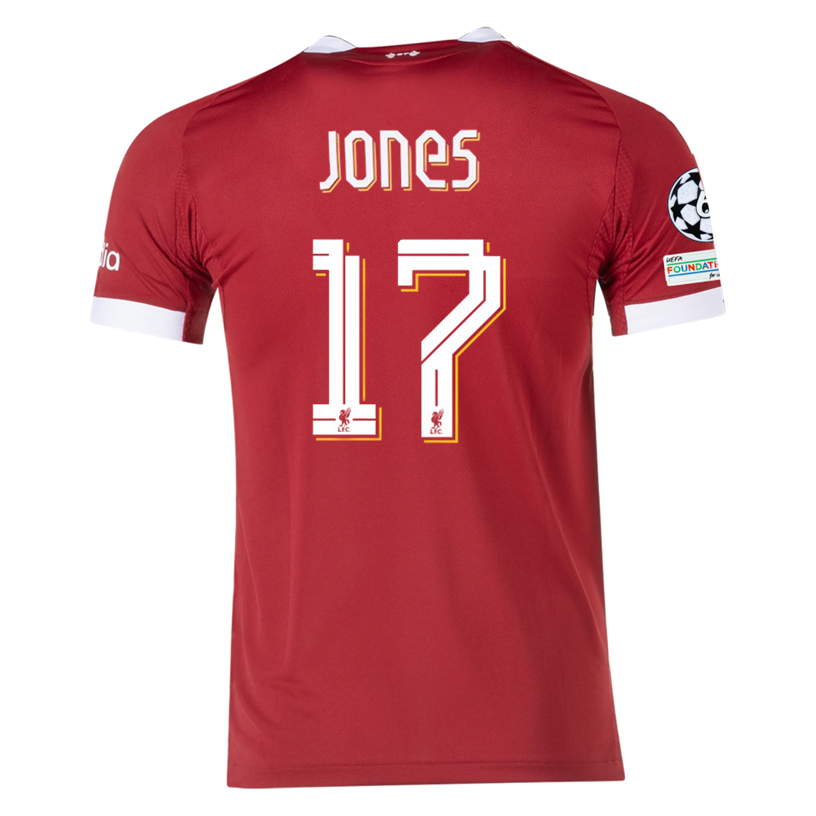 adidas Men's Liverpool FC Authentic Jones Home Jersey 25/26 w/ Champions League Patches (Strawberry Red)