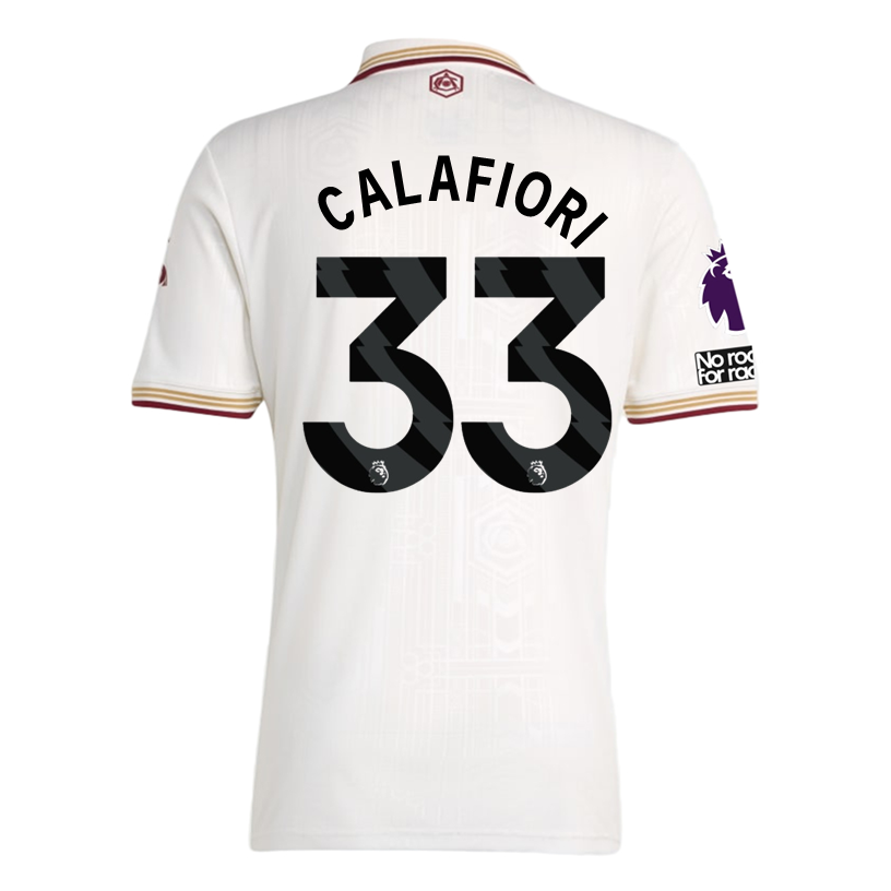 adidas Calafiori Men's Arsenal FC Third Jersey 25/26 w/ NRFR + EPL Patches (White/Burgundy)