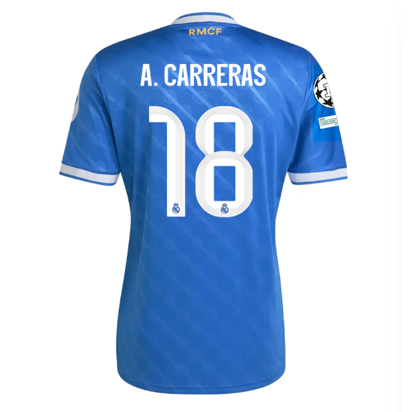 adidas A. Carreras Men's Real Madrid Third Jersey 25/26 w/ Champions League Patches (Blue/White)