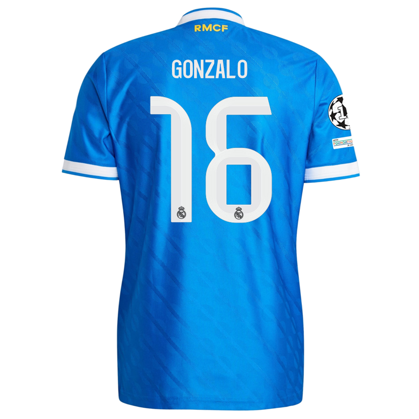 adidas Men's Gonzalo Real Madrid 25/26 Authentic Third Jersey w/ Champions League Patches (Blue)