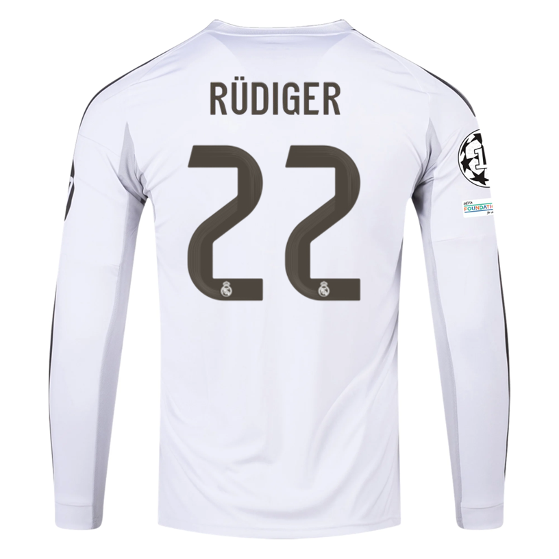 adidas Real Madrid Rudiger Long Sleeve Home Jersey w/ Champions League Patches 25/26 (White)