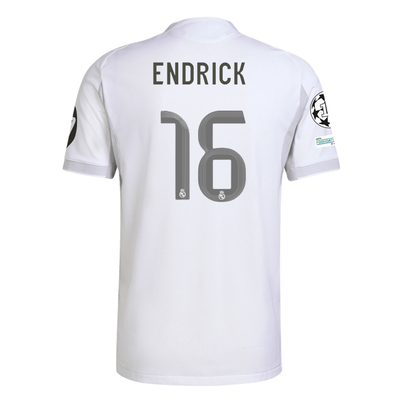 adidas Mens Endrick Real Madrid 25/26 Home Jersey w/ Champions League Patches (White)