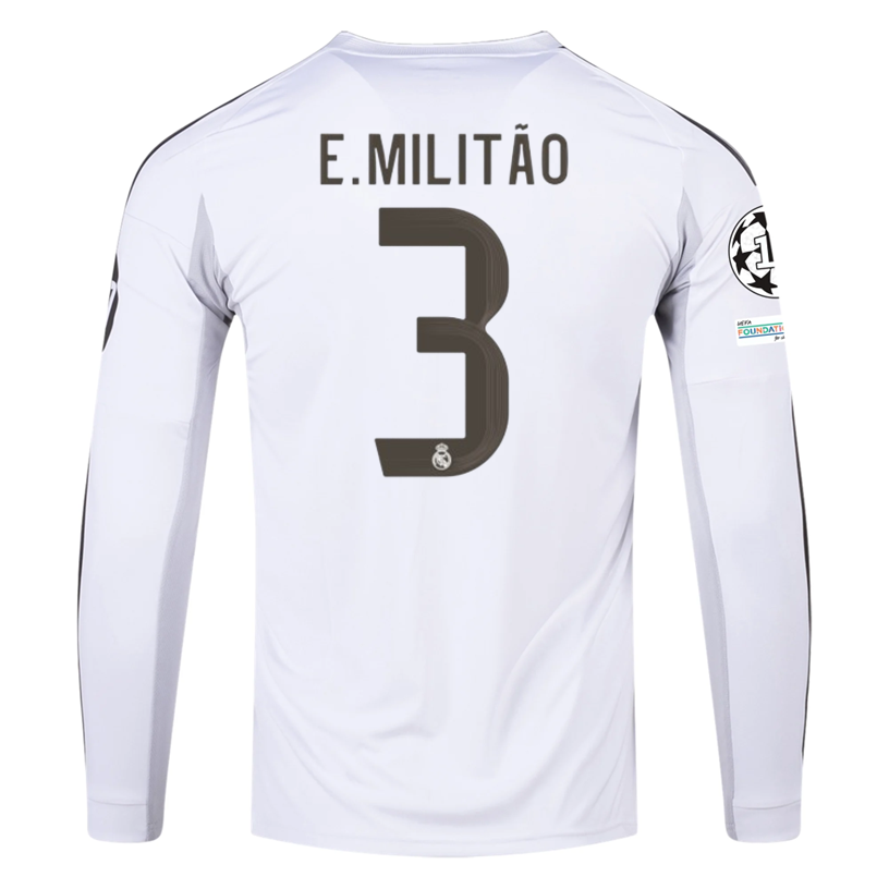 adidas Real Madrid E. Militao Long Sleeve Home Jersey w/ Intercontinental + Champions League Patches 25/26 (White)