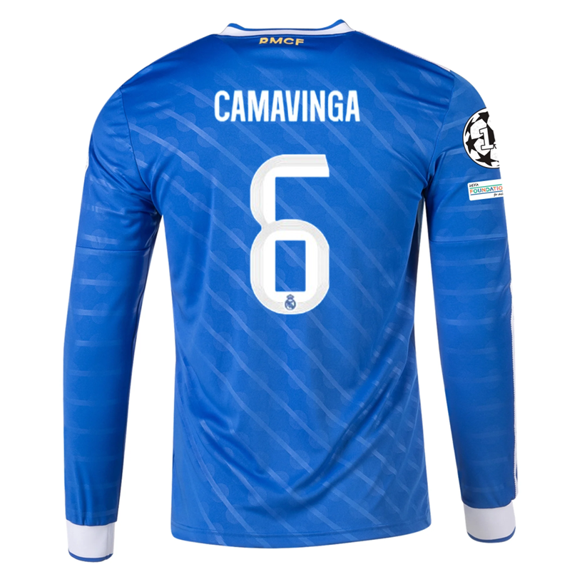 adidas Men's Real Madrid Camavinga Long Sleeve Third Jersey w/ Champions League Patches 25/26 (Blue/White)