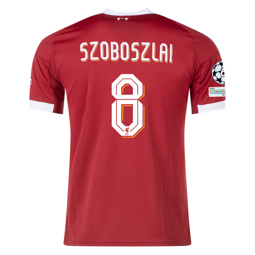 adidas Men's Liverpool Szoboszlai Home Jersey 25/26 w/ Champions League Patches (Strawberry Red)