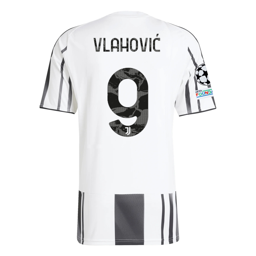 adidas Juventus Vlahovic Home Jersey w/ Champions League Patches 25/26 (White/Black/Pink)