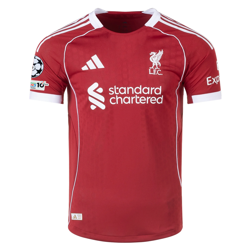 adidas Men's Liverpool FC Authentic Frimpong Home Jersey 25/26 w/ Champions League Patches (Strawberry Red)