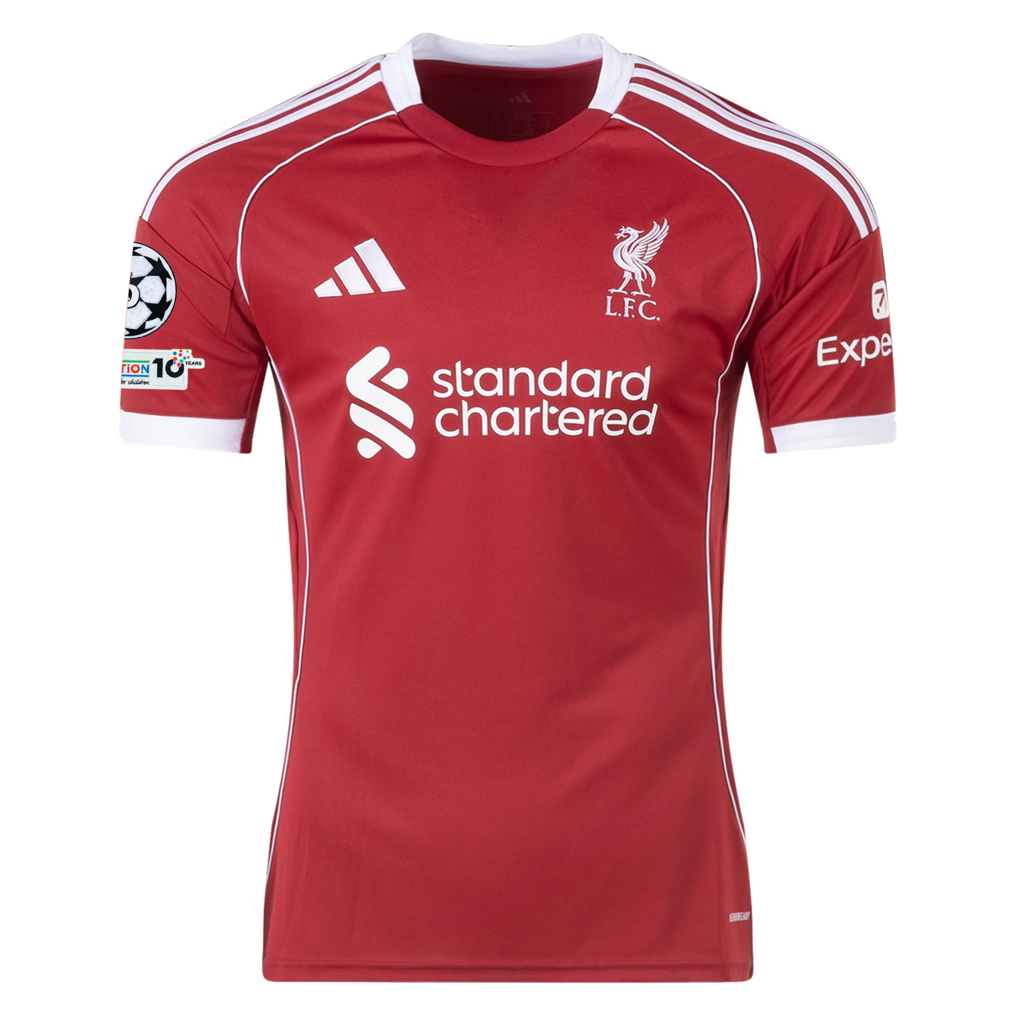 adidas Men's Liverpool Kerkez Home Jersey 25/26 w/ Champions League Patches (Strawberry Red)