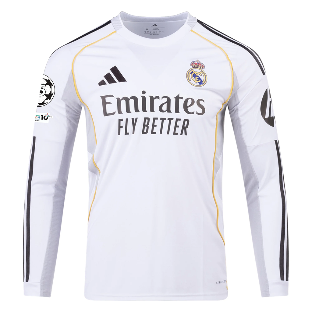 adidas Real Madrid Huijsen Long Sleeve Home Jersey w/ Champions League Patches 25/26 (White)