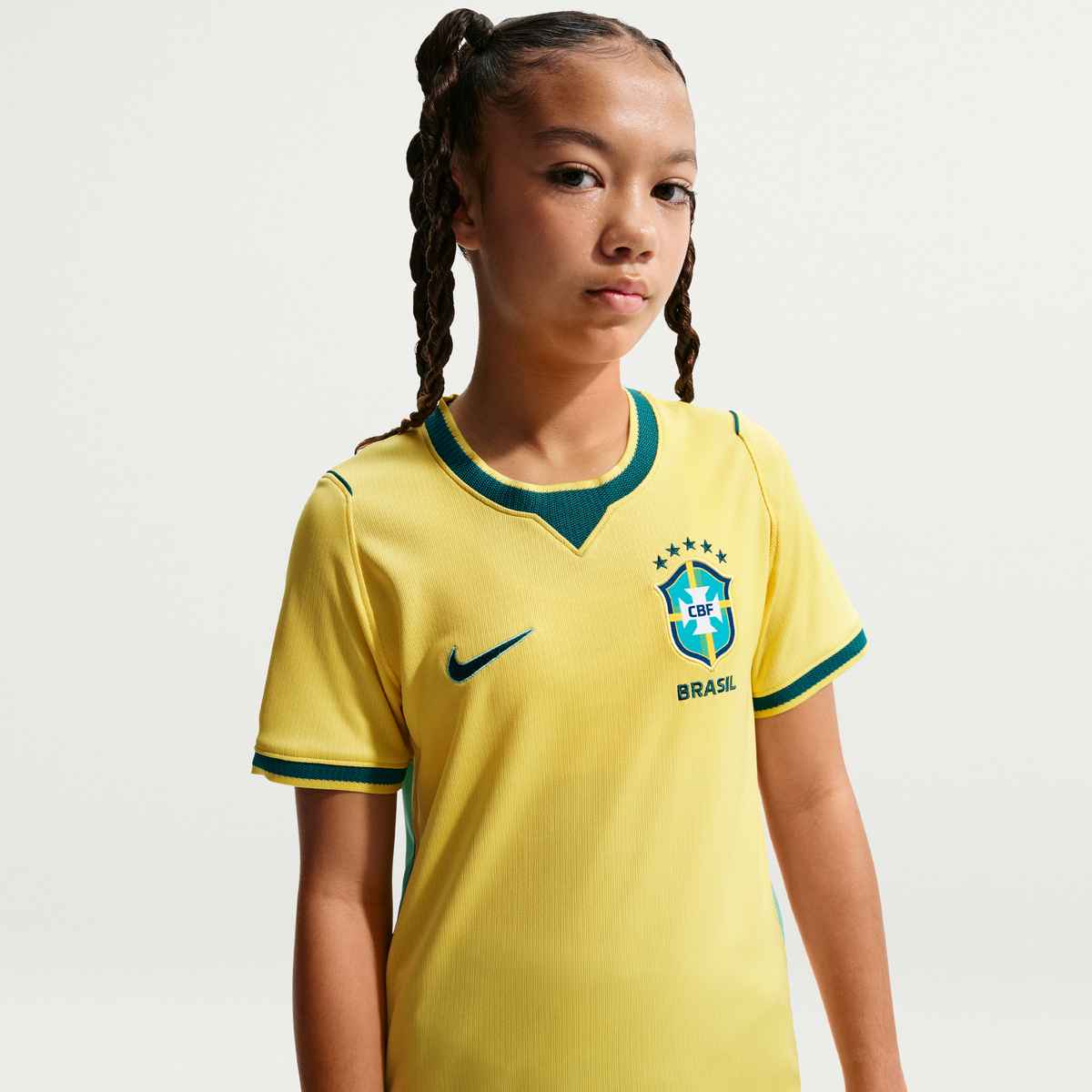Nike Youth Brazil Vini Jr. Home Stadium Jersey 2026 (Yellow Canary/Teal)