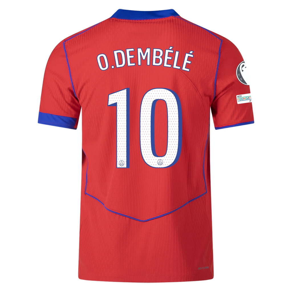Nike Men's Paris Saint-Germain Authentic Ousmane Dembélé Third Jersey w/ Champions League Patches 25/26 (Sport Red/Hyper Royal)