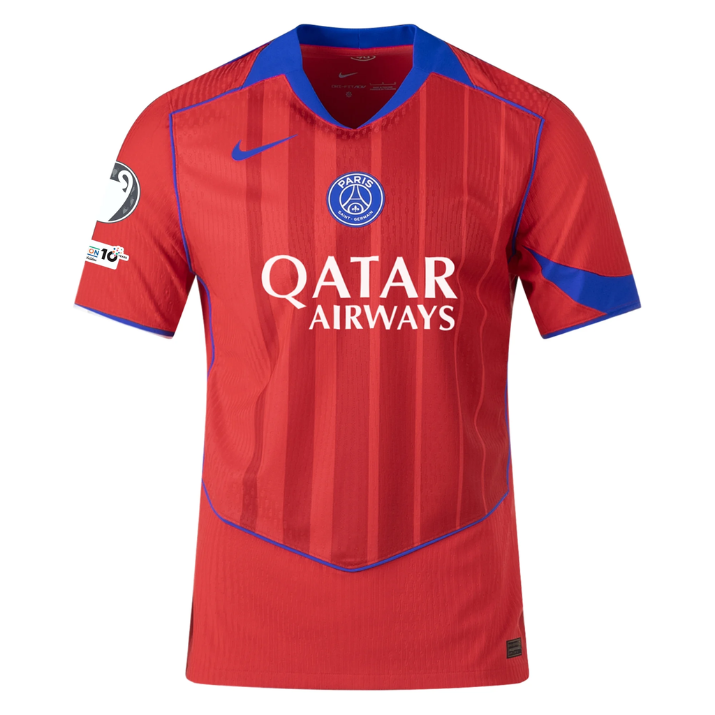 Nike Men's Paris Saint-Germain Authentic Désiré Doué Third Jersey w/ Champions League Patches 25/26 (Sport Red/Hyper Royal)