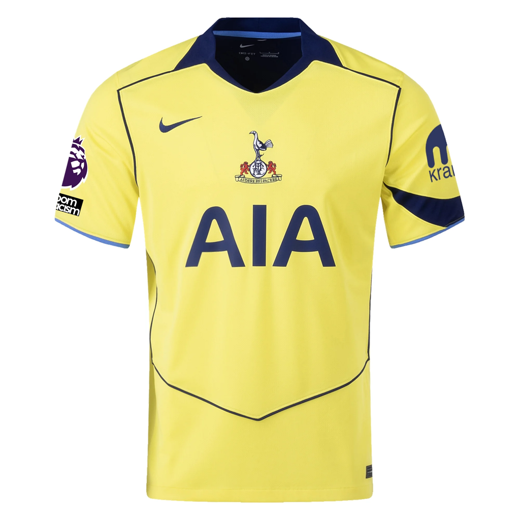 Nike Men's Tottenham Xavi Simmons T90 Third Jersey w/ EPL + No Room For Racism 25/26 (Dynamic Yellow/Blue Void)