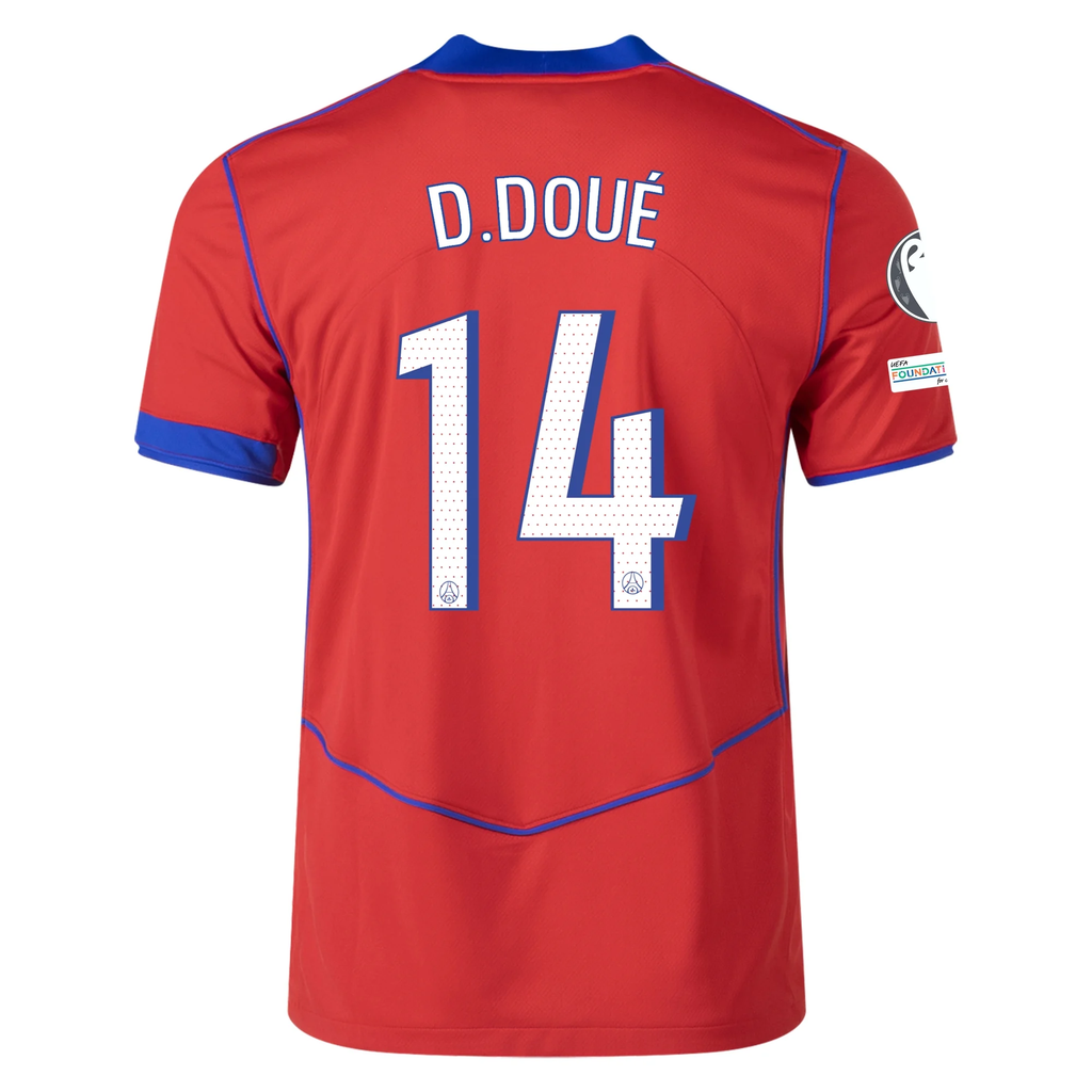 Nike Men's Paris Saint-Germain Désiré Doué T90 Third Jersey w/ Champions League Patches 25/26 (Sport Red/Hyper Royal)