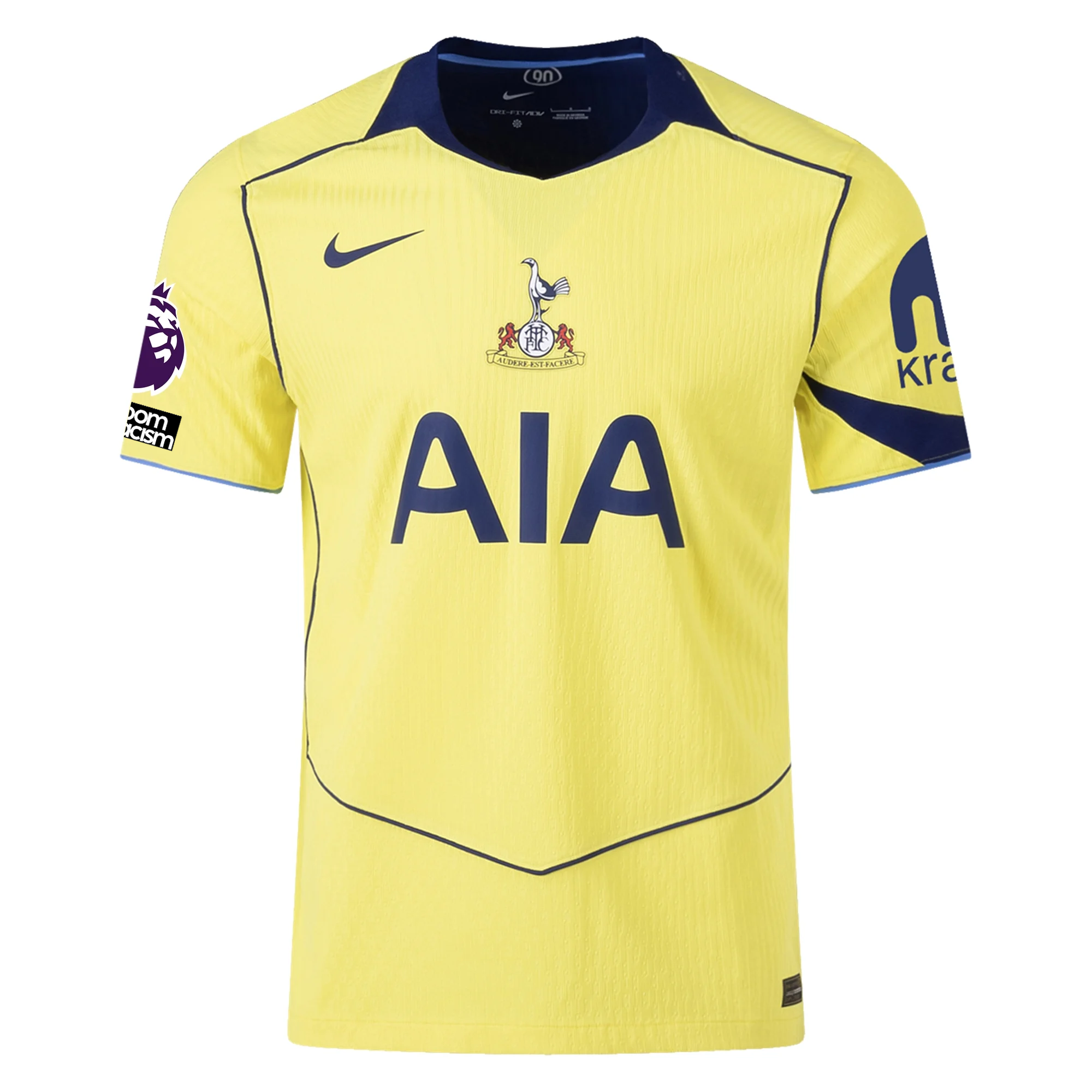Nike Men's Tottenham Authentic James Maddison T90 Third Jersey w/ EPL + No Room For Racism 25/26 (Dynamic Yellow/Blue Void)