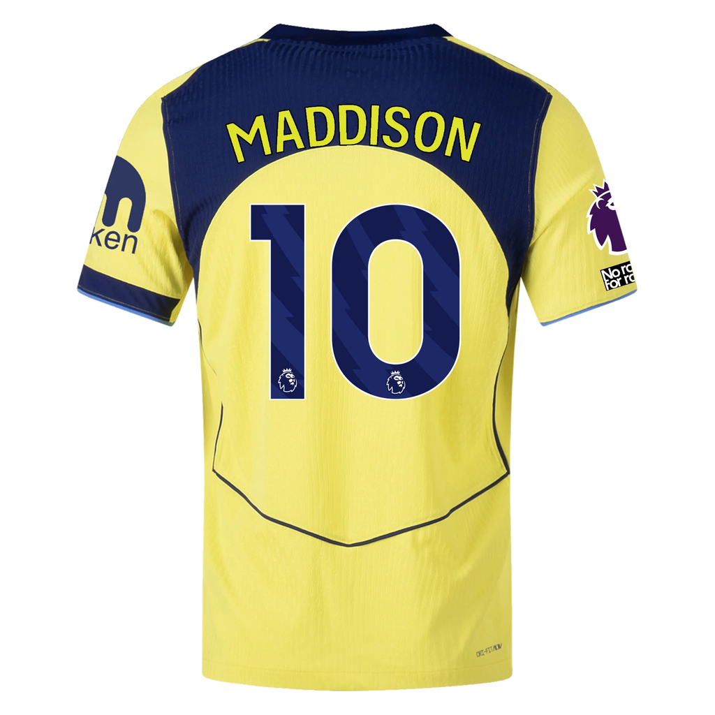 Nike Men's Tottenham Authentic James Maddison T90 Third Jersey w/ EPL + No Room For Racism 25/26 (Dynamic Yellow/Blue Void)